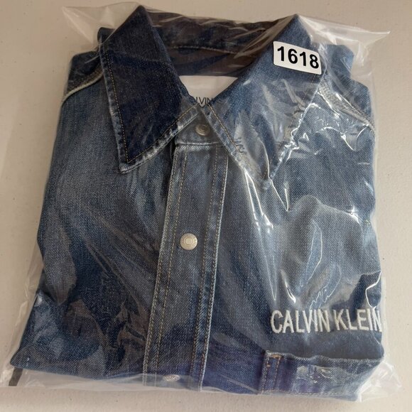 Calvin Klein Jeans Logo Patch Silver Snap Buttons Utility Shirt Women's S - Picture 13 of 13
